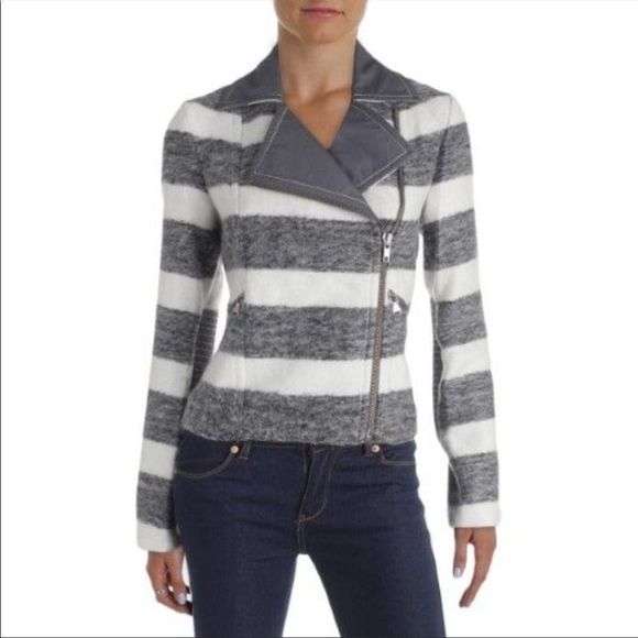 Marc by Marc Jacobs - Asymmetrical, Grey and White Striped Wool Moto Jacket - Picture 2 of 16